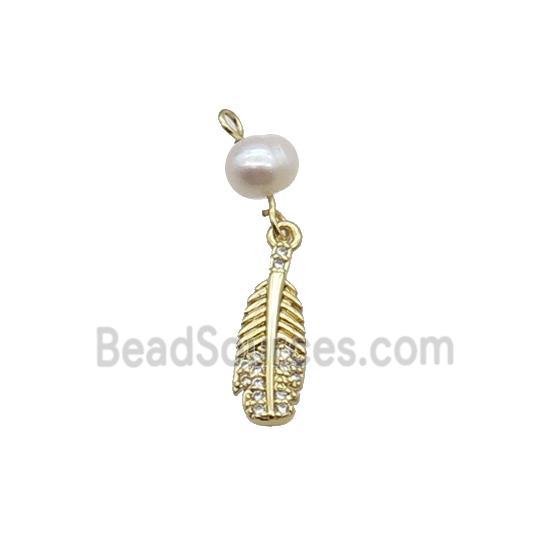 Copper Feather Pendant Pave Zircon With Pearl Gold Plated