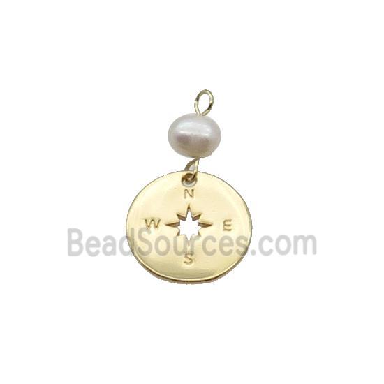 Copper Compass Pendant With Pearl Gold Plated