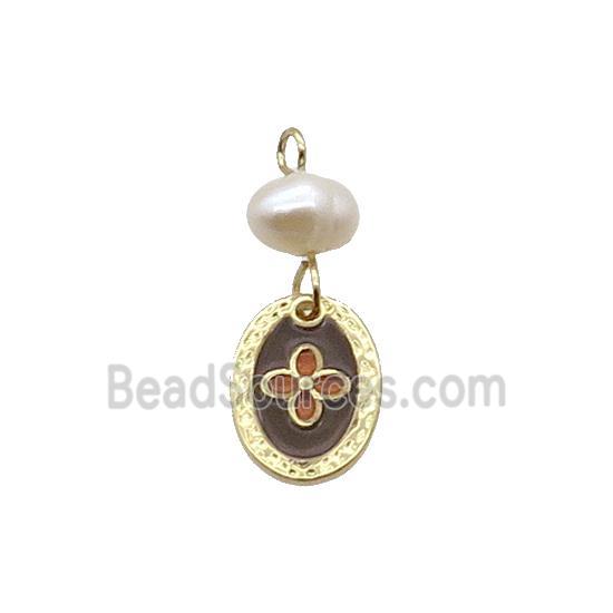 Copper Flower Pendant With Pearl Enamel Oval Gold Plated