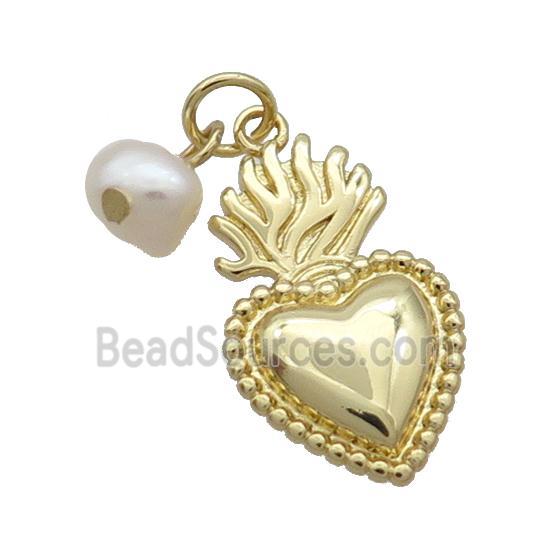 Copper Heart Pendant With Pearl Aflame Gold Plated