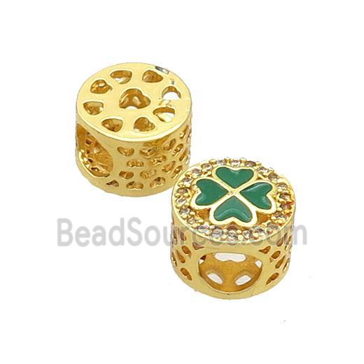 Copper Butter Beads Pave Zircon Green Enamel Clover Large Hole Gold Plated