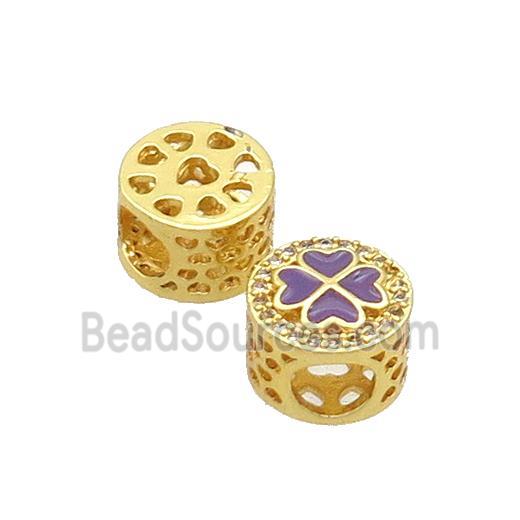 Copper Butter Beads Pave Zircon Purple Enamel Clover Large Hole Gold Plated