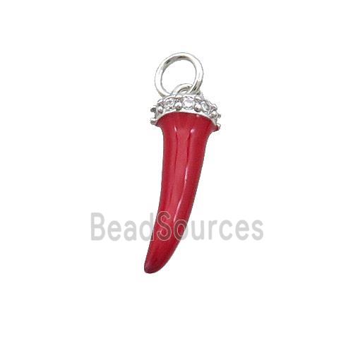 Copper Horn Pendant Red Enamel Chili Platinum Plated