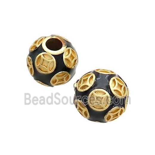 Copper Round Beads Black Enamel Large Hole Gold Plated