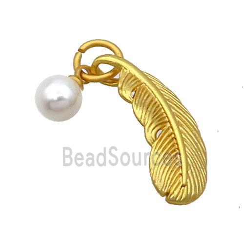 Copper Feather Pendant With Pearlized Plastic 18K Gold Plated