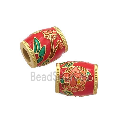 Copper Barrel Beads Red Cloisonne Flower Large Hole 18K Gold Plated