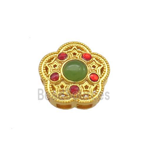 Copper Flower Beads Pave Jadeite Glass 18K Gold Plated