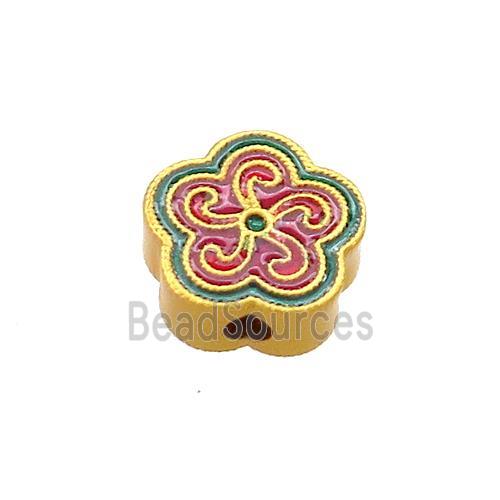 Copper Flower Beads Red Green Cloisonne 18K Gold Plated