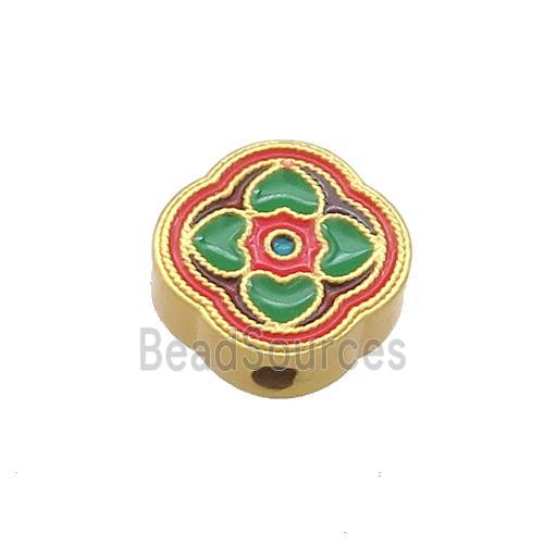 Copper Flower Beads Red Green Cloisonne 18K Gold Plated