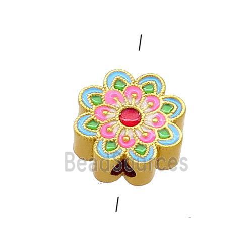 Copper Flower Beads Green Pink Cloisonne 18K Gold Plated