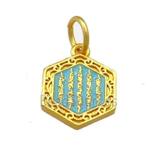 Copper Hexagon Pendant Teal Cloisonne Buddhist 18K Gold Plated