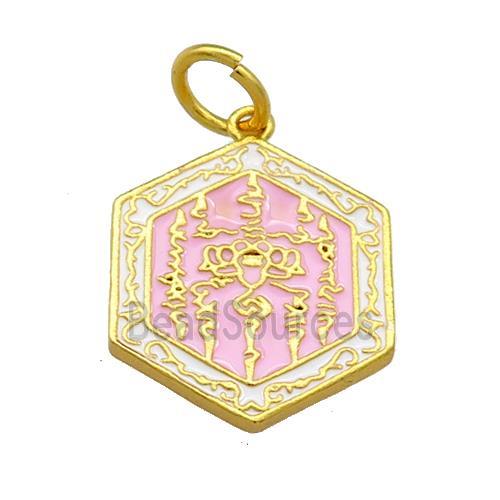 Copper Hexagon Pendant Pink Cloisonne Buddhist 18K Gold Plated