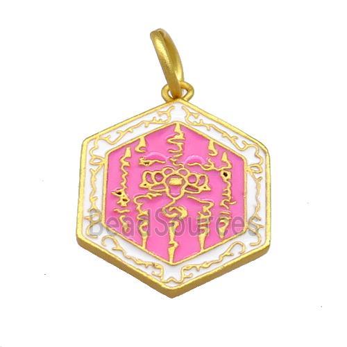 Copper Hexagon Pendant Hotpink Cloisonne Buddhist 18K Gold Plated