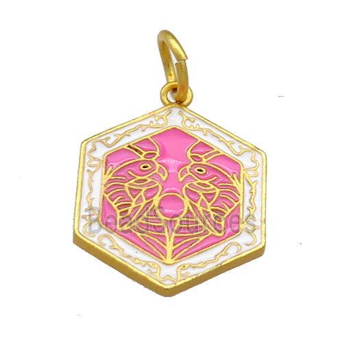 Copper Hexagon Pendant Hotpink Cloisonne Buddhist 18K Gold Plated