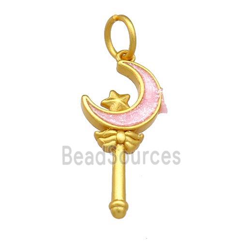 Copper Pendant Star Moon Wand Pink Cloisonne 18K Gold Plated