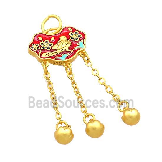 Copper Talisman Pendant Flower Bird Red Cloisonne 18K Gold Plated