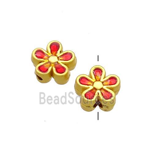 Copper Flower Beads Red Painted Gold Plated