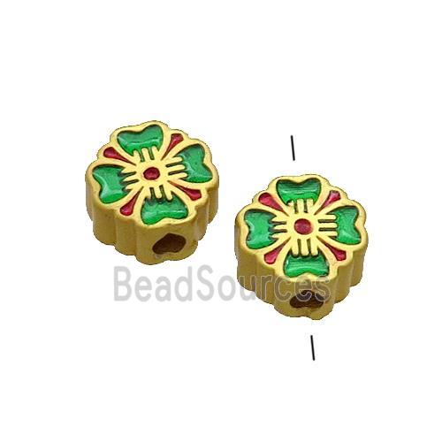 Copper Flower Beads Green Painted Gold Plated