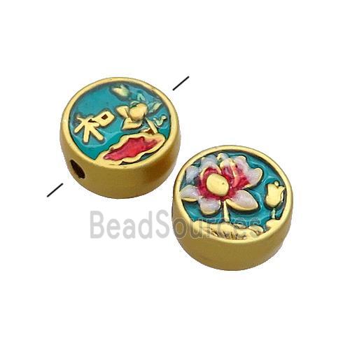 Copper Coin Beads Multicolor Painted Flower Gold Plated