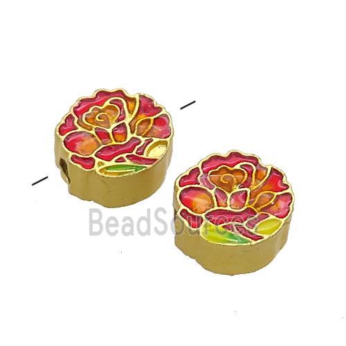 Copper Flower Beads Red Painted Gold Plated