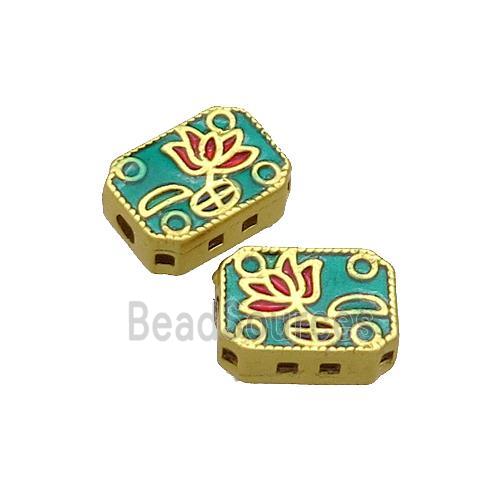 Copper Rectangle Beads Flower Green Painted Gold Plated