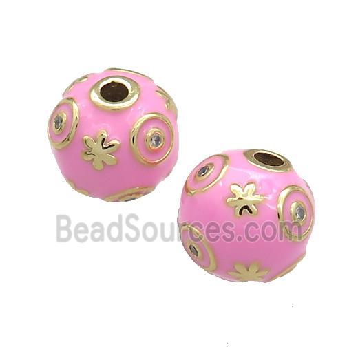 Copper Round Beads Pave Zircon Pink Enamel 18K Gold Plated