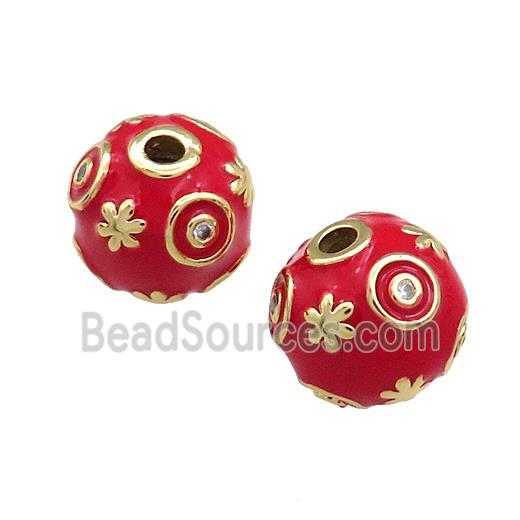 Copper Round Beads Pave Zircon Red Enamel 18K Gold Plated