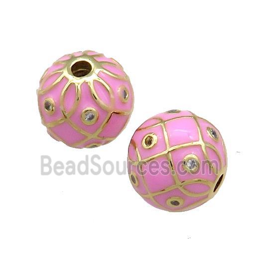 Copper Round Beads Pave Zircon Pink Enamel 18K Gold Plated