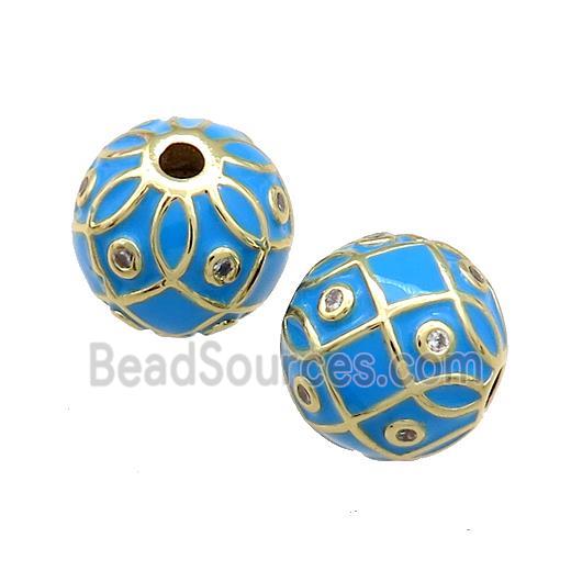 Copper Round Beads Pave Zircon Blue Enamel 18K Gold Plated