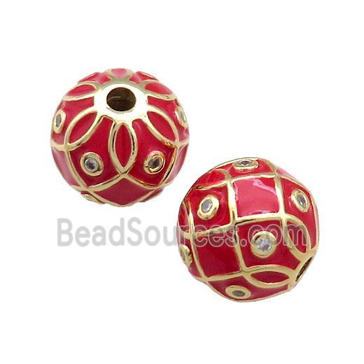 Copper Round Beads Pave Zircon Red Enamel 18K Gold Plated