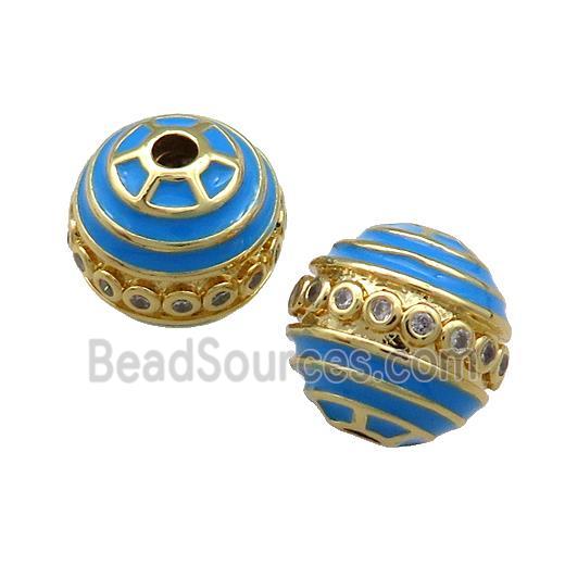 Copper Round Beads Pave Zircon Blue Enamel 18K Gold Plated