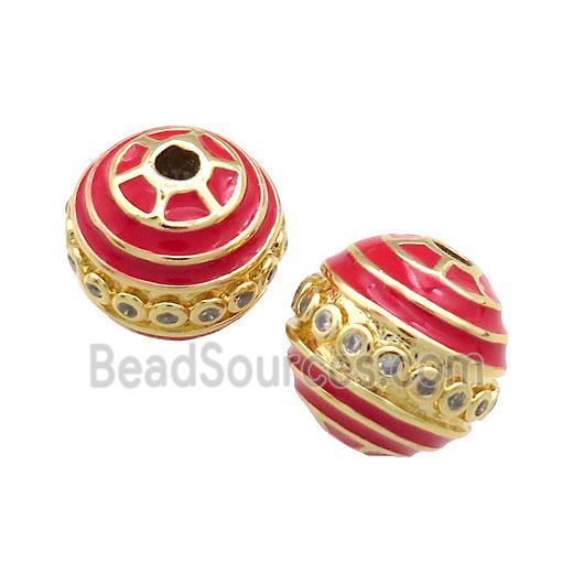 Copper Round Beads Pave Zircon Red Enamel 18K Gold Plated