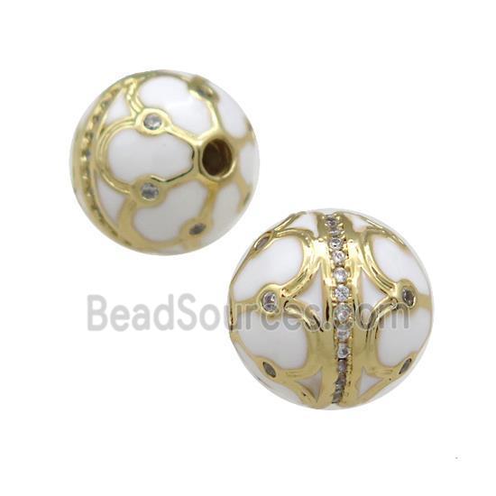 Copper Round Beads Pave Zircon White Enamel 18K Gold Plated