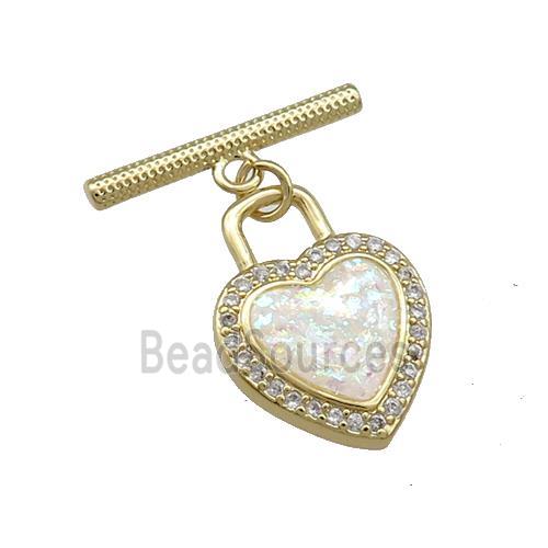 Copper Toggle Clasp Pave White Fire Opal Zircon Heart 18K Gold