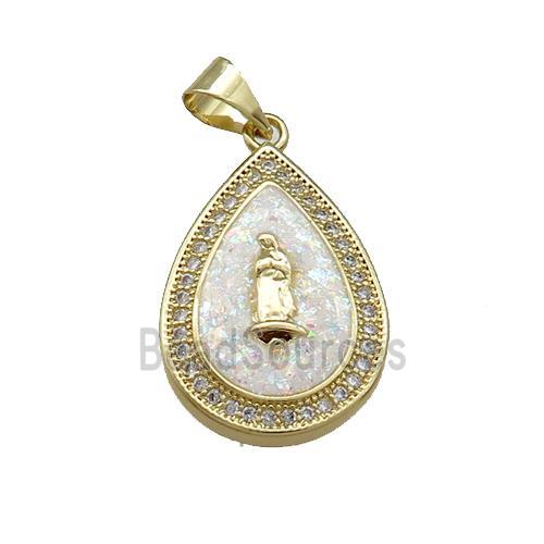 Copper Teardrop Pendant Pave Fire Opal Zircon Jesus 18K Gold