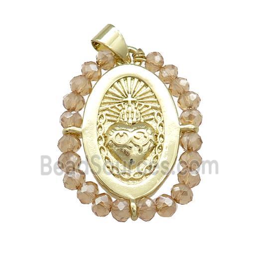 Sacred Heart Charms Copper Oval Pendant With Crystal Glass Wire Wrapped Gold Plated