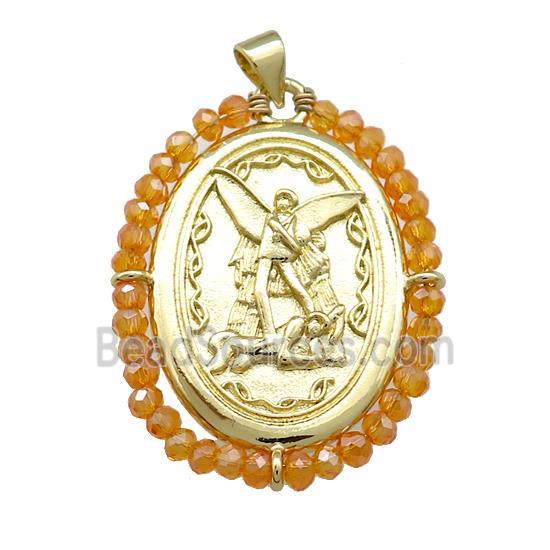 Fairy Charms Copper Oval Pendant With Orange Crystal Glass Wire Wrapped Gold Plated