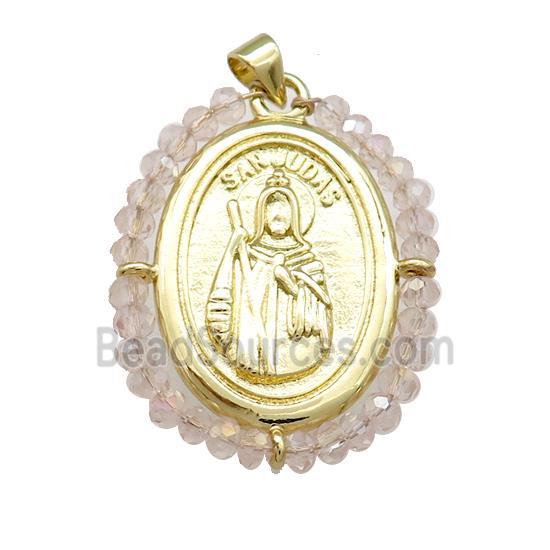 Saint Jude Charms Copper Medal Pendant With Crystal Glass Wire Wrapped Oval Gold Plated