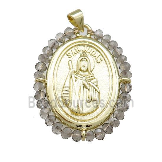 Saint Jude Charms Copper Medal Pendant With Smoky Crystal Glass Wire Wrapped Oval Gold Plated