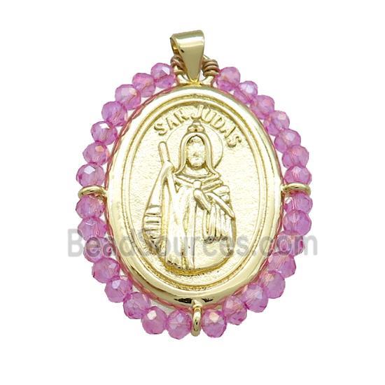 Saint Jude Charms Copper Medal Pendant With Hotpink Crystal Glass Wire Wrapped Oval Gold Plated