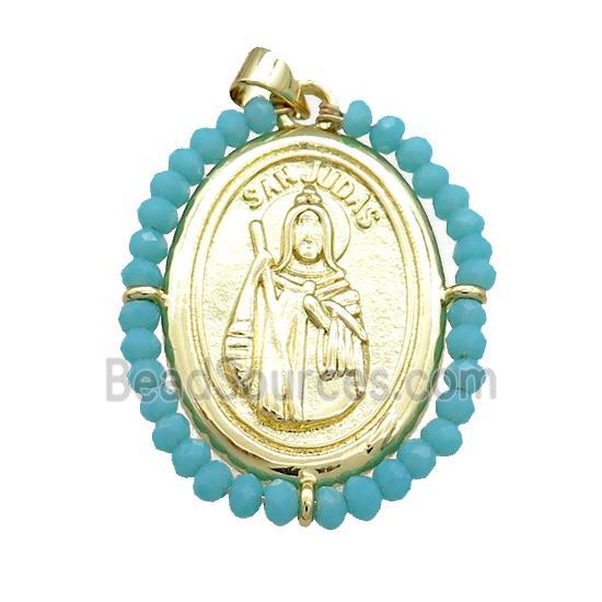 Saint Jude Charms Copper Medal Pendant With Teal Crystal Glass Wire Wrapped Oval Gold Plated