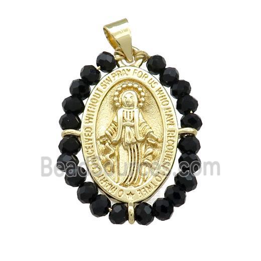 Virgin Mary Charms Copper Medal Pendant With Black Crystal Glass Wire Wrapped Oval Gold Plated