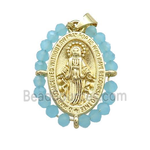 Virgin Mary Charms Copper Medal Pendant With Blue Crystal Glass Wire Wrapped Oval Gold Plated