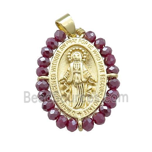 Virgin Mary Charms Copper Medal Pendant With Purple Crystal Glass Wire Wrapped Oval Gold Plated