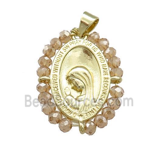 Virgin Mary Charms Copper Medal Pendant With Crystal Glass Wire Wrapped Oval Gold Plated