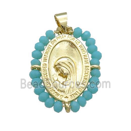 Virgin Mary Charms Copper Medal Pendant With Teal Crystal Glass Wire Wrapped Oval Gold Plated