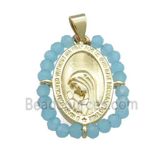 Virgin Mary Charms Copper Medal Pendant With Blue Crystal Glass Wire Wrapped Oval Gold Plated