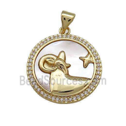 Zodiac Aries Charms Copper Circle Pendant Pave Shell Zircon 18K Gold Plated