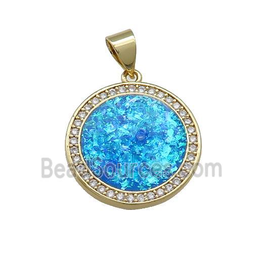 Copper Circle Pendant Pave Blue Fire Opal Zircon 18K Gold Plated