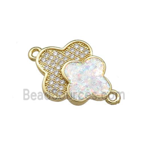 Copper Clover Connector Pave White Fire Opal Zircon Double 18K Gold Plated